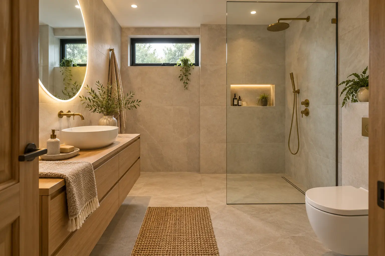 Doğal taş görünümlü yüzeyler, meşe banyo dolabı ve cam duşla yenilenen sakin banyo. Temsili tasarım çalışması.